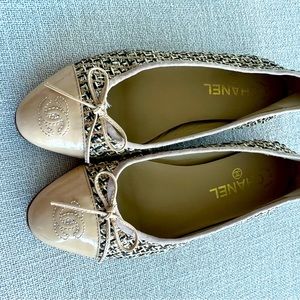 CHANEL PINK GOLD TWEED BALLERINA SPARKLES METALLIC FLATS SHOES